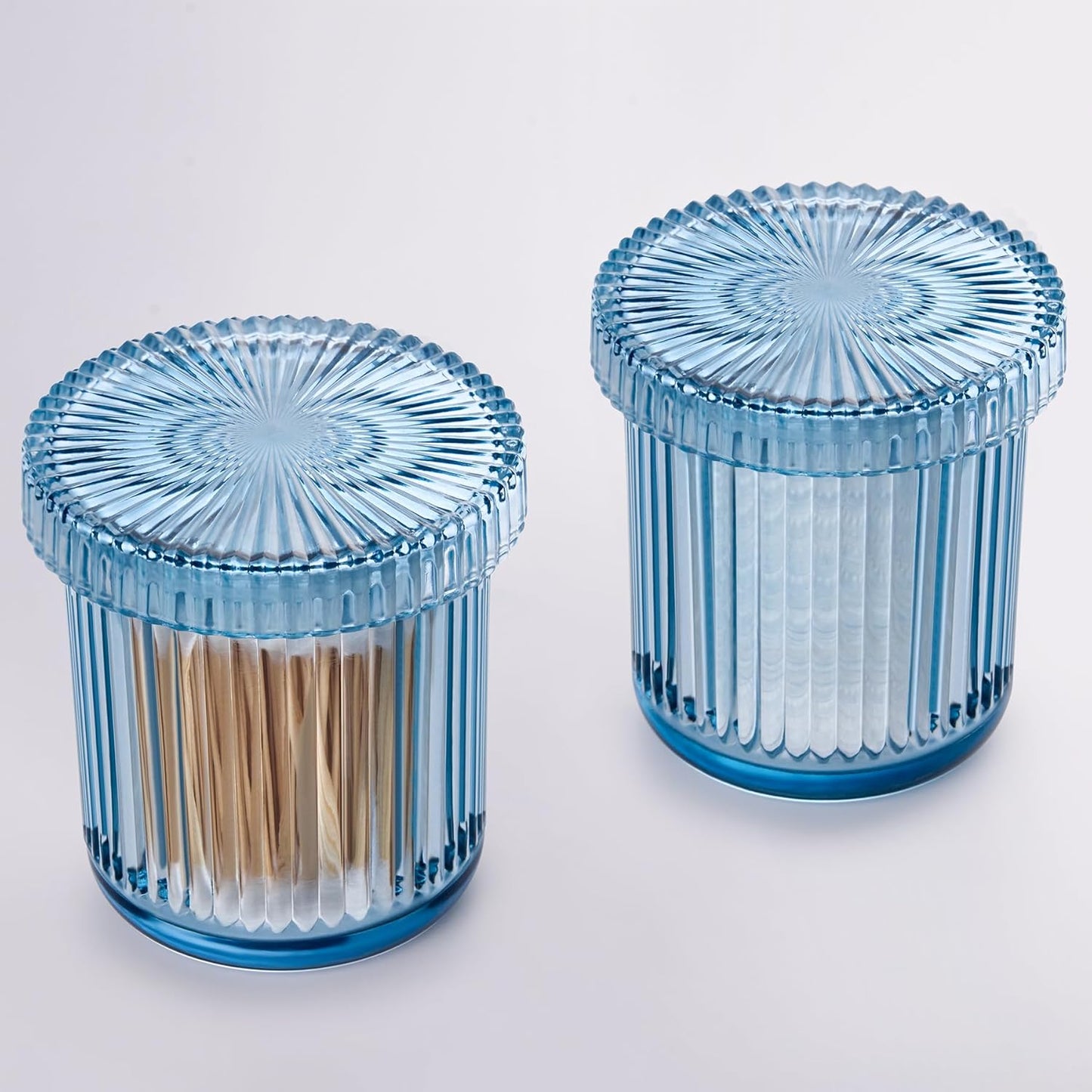 2 Pack Qtip Holders for Bathroom, Clear Glass Apothecary Jars with Lids,Vintage Bathroom Canisters for Cotton Balls,Swabs,Floss Picks,Hair Ties,Vanity Organizer and Storage Decor (Blue)-FemmiqueWomen