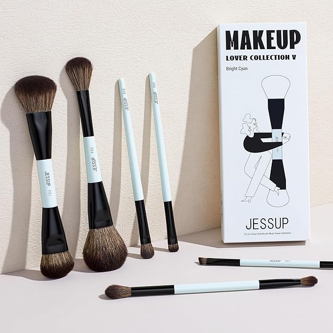 Jessup Makeup Brush Set 6pcs Double Sided Makeup Brushes Foundation Contour Blush Highlight Blending Eyebrow Brush Eyeshadow Brush, Vegan Fiber Make up Brush Bright Cyan T501-FemmiqueWomen