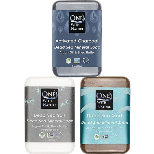 One With Nature Dead Sea Soap 7oz Variety 3Pk-Dead Sea Mud, Activated Charcoal, and Dead Sea Salt-Detoxifying and Exfoliating Soap Bars with Dead Sea Salt for Face & Body, for Men & Women-FemmiqueWomen
