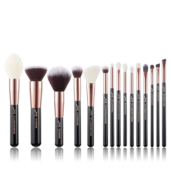 Jessup Makeup Brushes, Labeled Makeup Brush Set Premium Synthetic and Natural Hair Foundation Powder Concealer Eyeshadow Blending 15pcs Brush Kit, Rose Gold/Black T160-FemmiqueWomen
