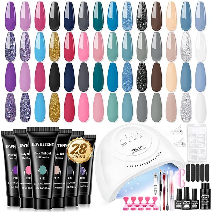 JEWHITENY 28 Colors Poly Nail Gel Kit with Base Top Coat Purple Blue Yellow Nude Pink Glitter Shades Quick-Dry for Beginners DIY Need U V Lamp Curing-FemmiqueWomen