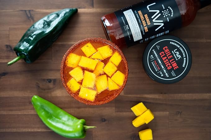 (3-Pack) LAVA Premium Mango Michelada Mix Made With Real Mango Puree, Ancho Chile Peppers, New Mexico Chile, Tamarind, Vegan, 1-Liter (33.8oz) Glass Bottle, Ready to Use-FemmiqueWomen