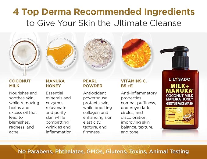 LILY SADO MILK+MANUKA™ Coconut Milk & Manuka Honey Gentle Gel Face Cleanser - Natural Cruelty-Free Facial Wash Cleanses, Balances, Soothes & Hydrates - Reduces Pores & Blackheads - 5oz-FemmiqueWomen