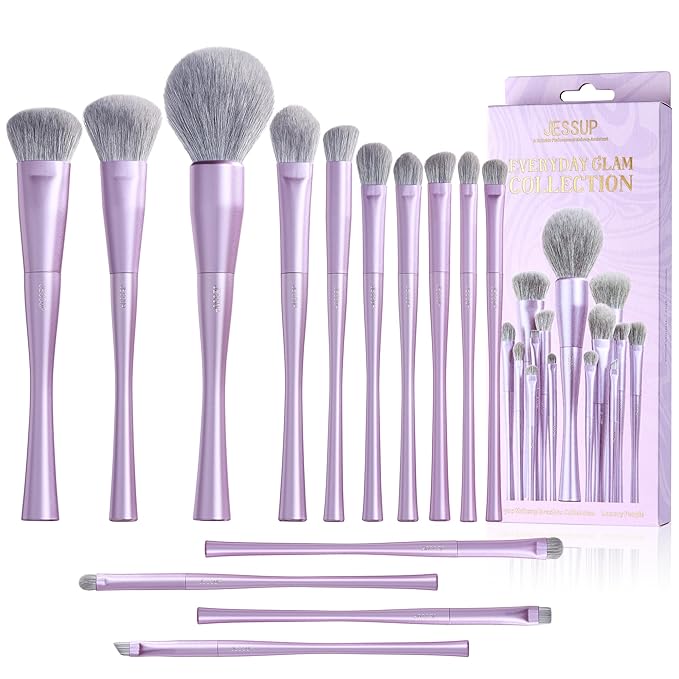 Jessup Makeup Brushes Set Professional 14pcs Vegan Make Up Brushes, Foundation Eyeshadow Concealer Contour Powder Blush Blending Eyeliner Brush, Premium Synthetic Fiber, Luxury Purple T512-FemmiqueWomen