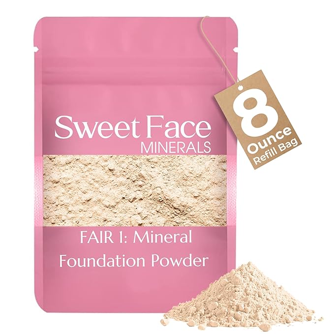 (8 Ounce) (Fair Shade 1) Foundation Powder Refill By Sweet Face Minerals, Lightweight Mineral Loose Makeup Powder with SPF 20, Full Coverage Flawless Finish, Talc-free, Cruelty-Free, Refill Pouch-FemmiqueWomen