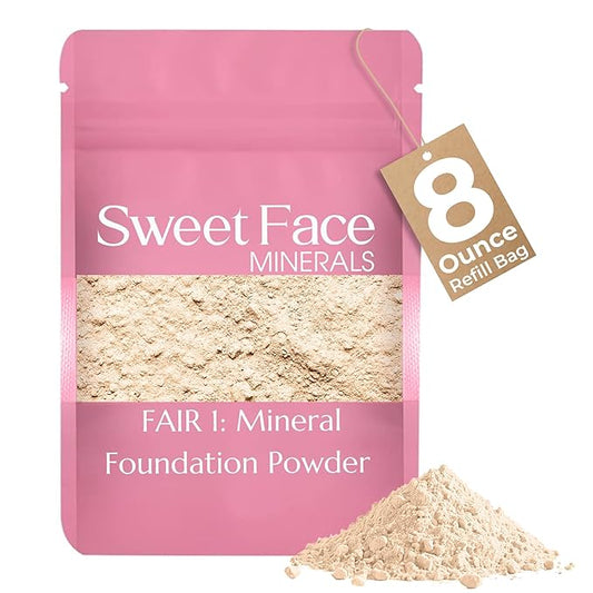 (8 Ounce) (Fair Shade 1) Foundation Powder Refill By Sweet Face Minerals, Lightweight Mineral Loose Makeup Powder with SPF 20, Full Coverage Flawless Finish, Talc-free, Cruelty-Free, Refill Pouch-FemmiqueWomen