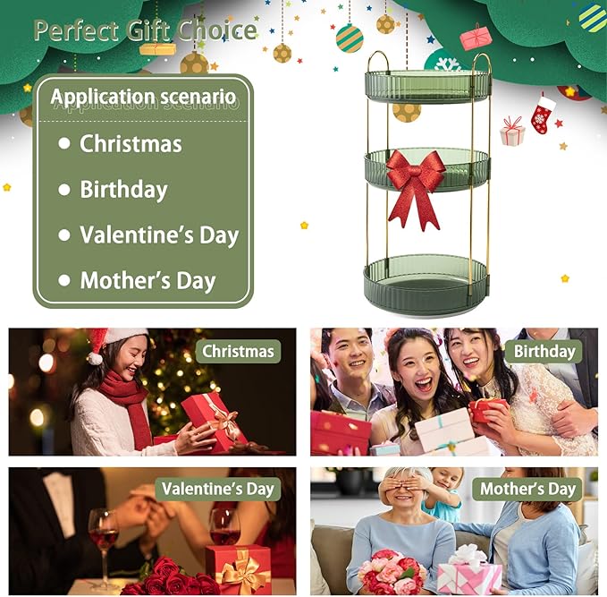 Rotating Makeup Organizer for Vanity, High-Capacity Skincare Clear Make Up Storage Perfume Organizers Cosmetic Dresser Organizer Countertop 360 Spinning (Green, 3 Tier)-FemmiqueWomen