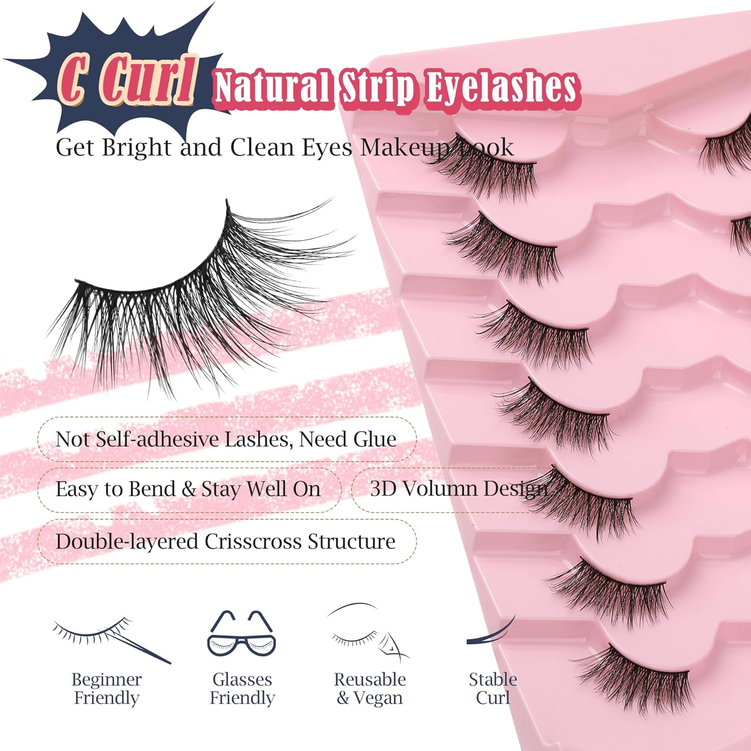 Half Lashes Cat Eye 14MM Corner Lashes False Eyelashes Natural Look C Curl Wispy Half Eyelashes 3/4 Lashes with Thin Cotton Band Soft Eyelash Pack Siligli 7 Pair-FemmiqueWomen