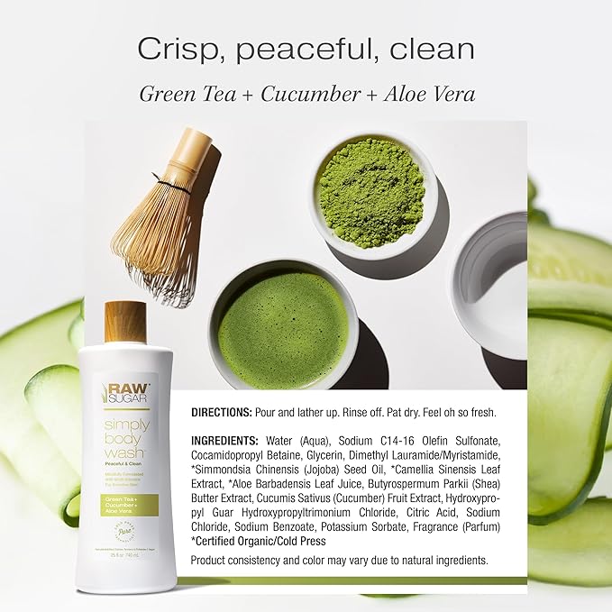 RAW SUGAR Sensitive Skin Simply Body Wash - Green Tea + Cucumber + Aloe Vera, Moisturizing & Brightening Bath & Shower Gel, Sulfate-Free, Paraben-Free & Vegan (Pack of 3)-FemmiqueWomen
