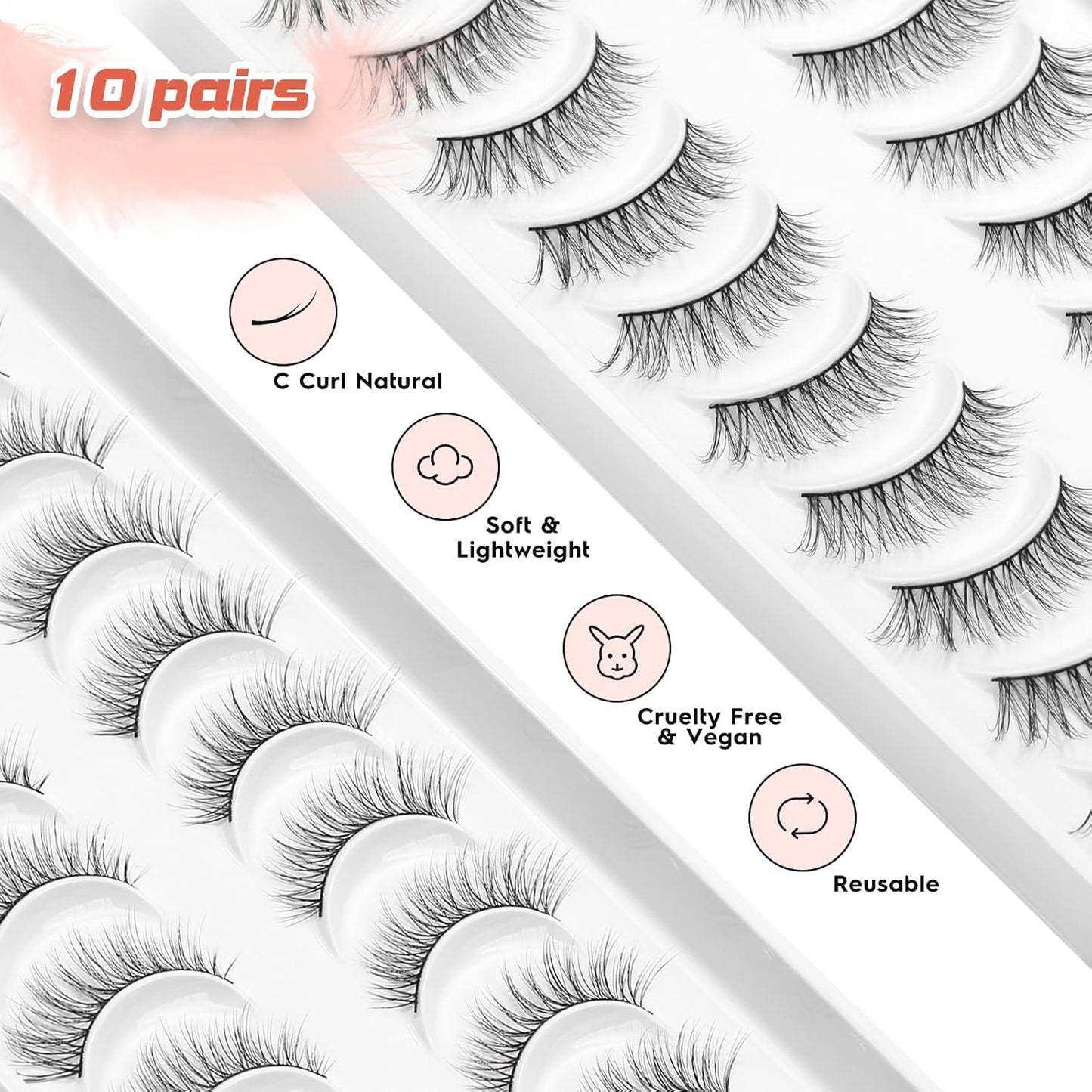 Eyelashes Natural Cat Eye Lashes False Eyelashes Wispy Lashes C Curl Flared Eye Lashes Pack Cat Eyelashes Soft Strip Lashes 12mm Lash Strips Siligli 10 Pair-FemmiqueWomen