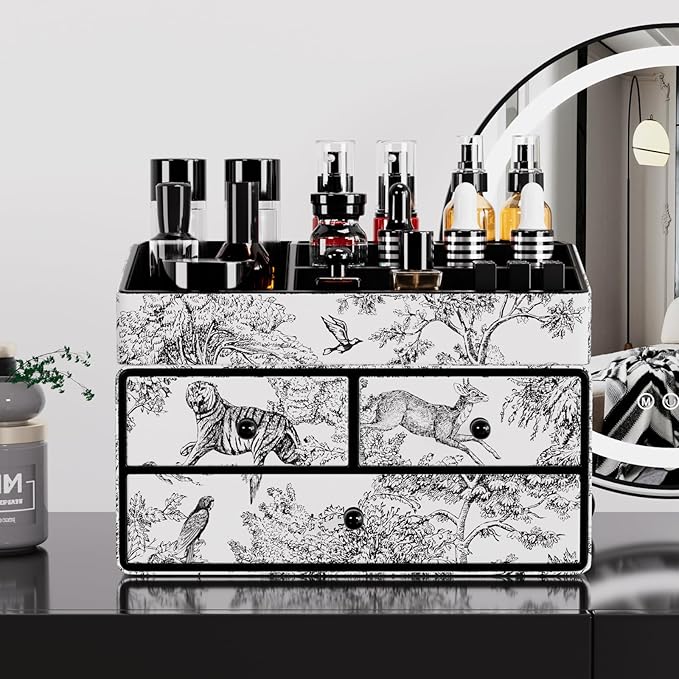 GORESE Leather Makeup Organizer with 3 Drawers for Vanity, Stackable Skincare Holder Dresser Organizer Countertop, Make Up Storage Organizers Counter Cosmetic Display Case Gift for Women(Retro Black)-FemmiqueWomen