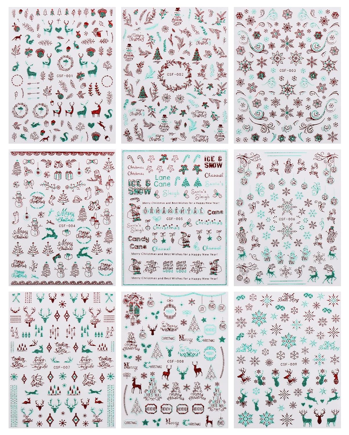 JMEOWIO 9 Sheets Christmas Glitter Nail Art Stickers Decals Self-Adhesive Green Red Snowflake Winter Holiday Nail Supplies Nail Art Design Decoration Accessories-FemmiqueWomen