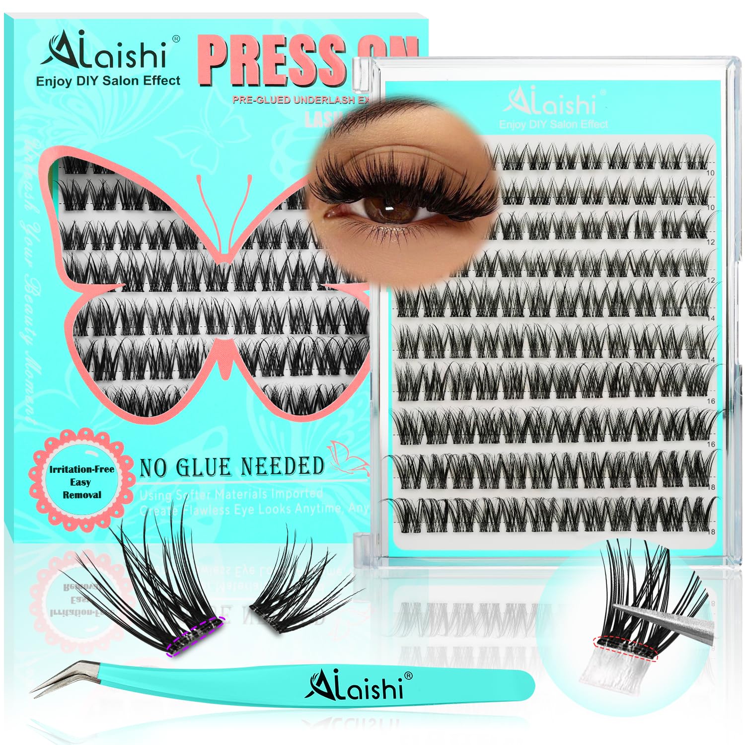 No Glue Needed Lashes, Self Adhesive Eyelashes, DIY Lash Cluster Eyelash Extensions Kit 10‑18mm,120pcs Fluffy D Curl Soft Natural Lashes with Tweezers–Fake Cat Eye Wispy Individual Clusters(NGDY81)-FemmiqueWomen