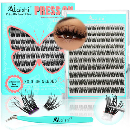 No Glue Needed Lashes, Self Adhesive Eyelashes, DIY Lash Cluster Eyelash Extensions Kit 10‑18mm,120pcs Fluffy D Curl Soft Natural Lashes with Tweezers–Fake Cat Eye Wispy Individual Clusters(NGDY81)-FemmiqueWomen