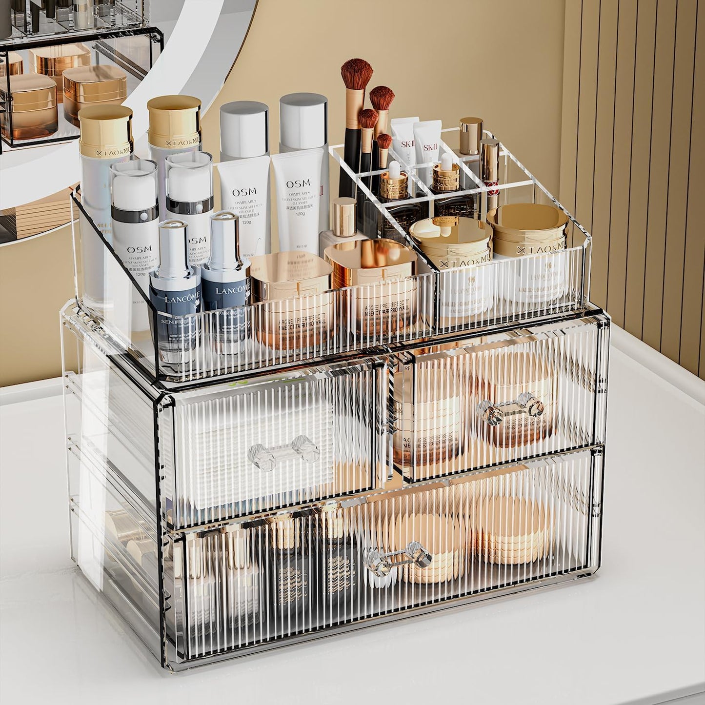 ZHIAI Stackable Cosmetic Organizer, Acrylic Cosmetic Organizer for Dresser, Vanity, Kitchen Cabinet, Bathroom, Under Sink, Home Organization and Storage (1 Top 3 Drawers)-FemmiqueWomen