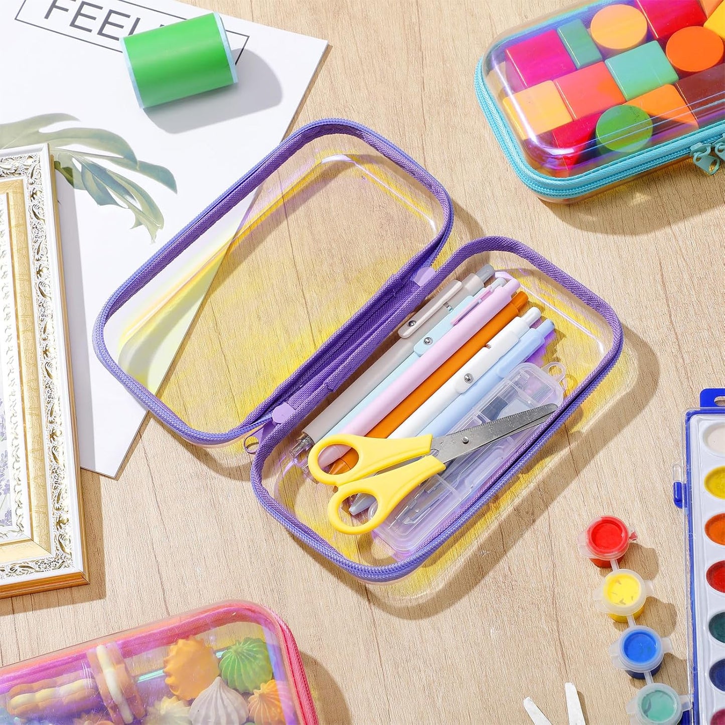 Sanwuta 6 Pcs Clear Hard Zipper Case Pencil Pouches Hard Plastic Zipper Pouches Makeup Bag Transparent Cases for Snacks Plastic Storage Organizer Box for Travel(Holographic,7.48 x 3.94 x 2 Inch)-FemmiqueWomen