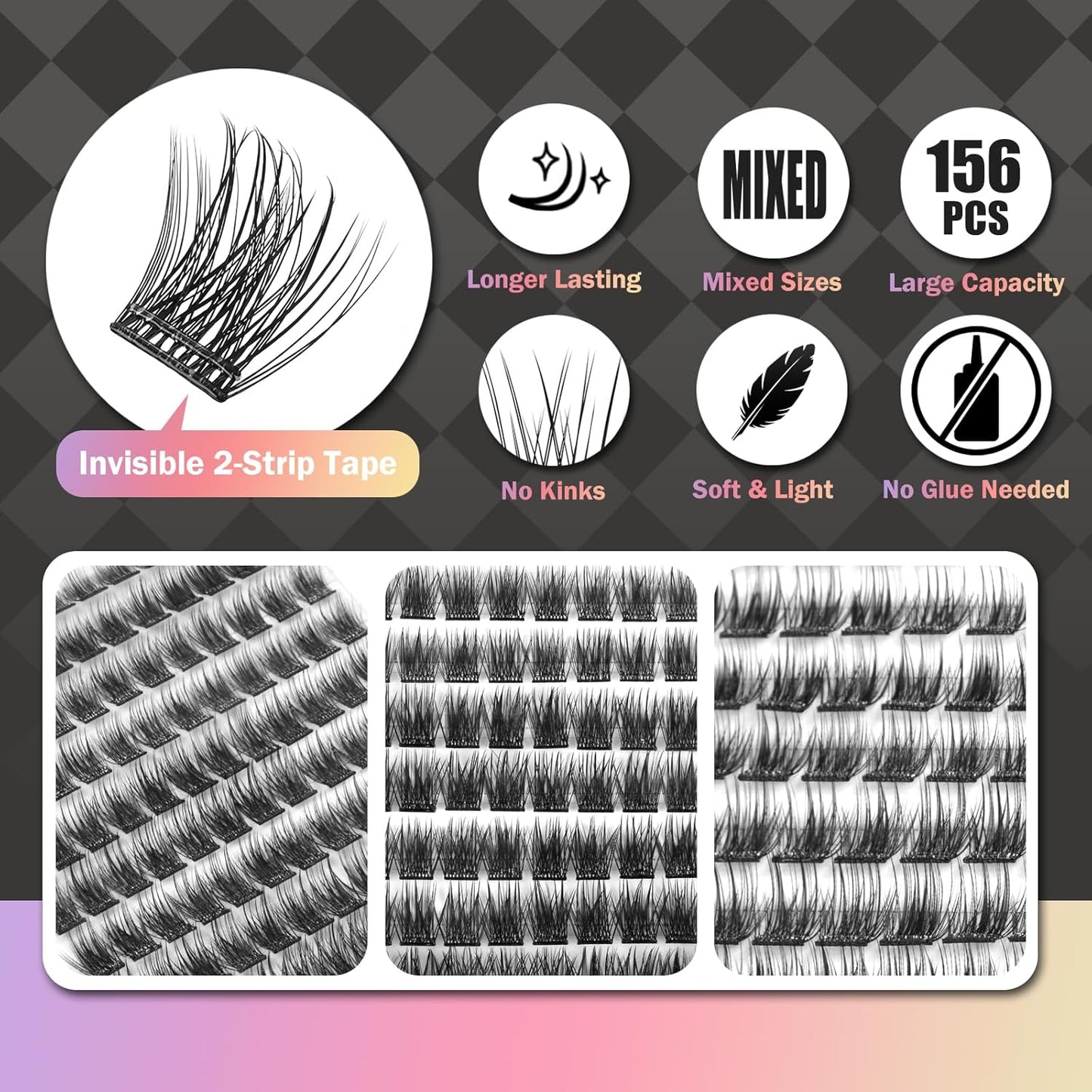 Self Adhesive Eyelashes, 156 Pcs Self Adhesive Eyelash Clusters, No Glue Needed, Invisible 2-Strip Tape - Longer Lasting, No Sticky Residue Pre Glued Eyelashes (Volume-Mixed)-FemmiqueWomen