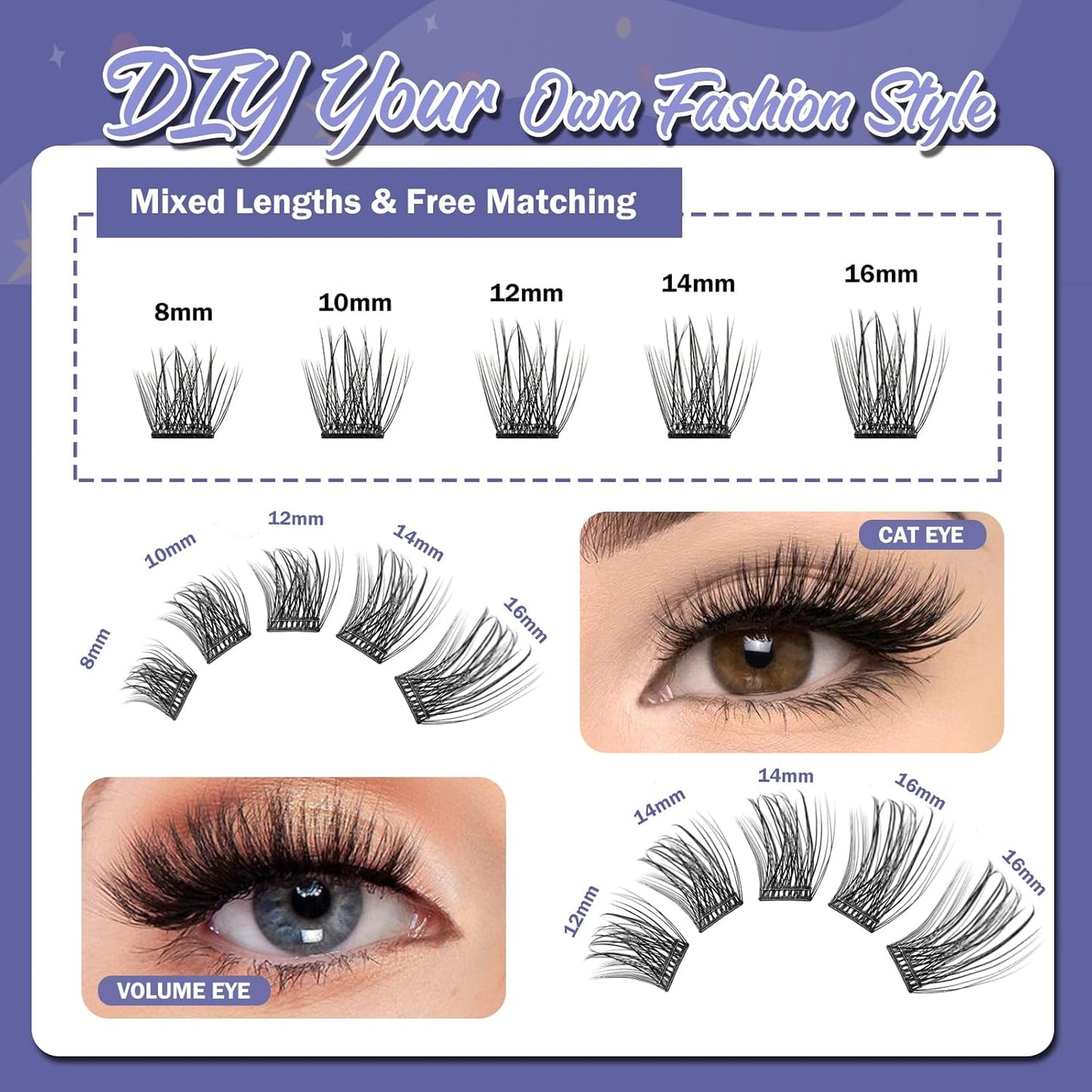 Self Adhesive Eyelashes, 156 PCS Self Adhesive Eyelash Clusters, No Glue Needed, Dual-row Glue Strips 8-16mm Mixed Individual Lash Extension Super Sticky Reusable False Lashes-FemmiqueWomen