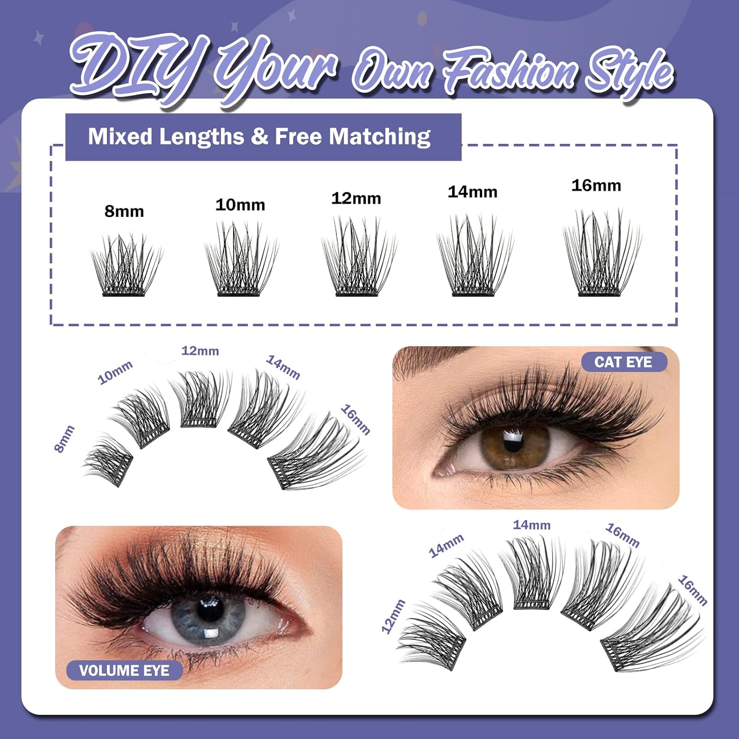 Self Adhesive Eyelashes, 156 PCS Self Adhesive Eyelash Clusters, No Glue Needed, Dual-row Glue Strips 8-16mm Mixed Individual Lash Extension Super Sticky Reusable False Lashes-FemmiqueWomen