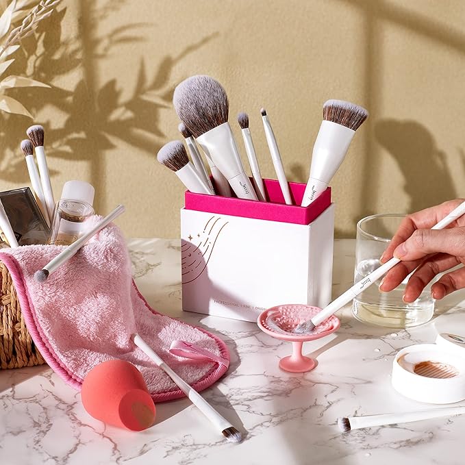 Jessup Makeup Brushes Set 14pcs Highend Makeup Gift Set for Women Include Foundation Concealer Blush Contour Powder Eye Shadow Brush, Makeup Sponge, Makeup Brush Cleaner and Towel, Pearl White T333-FemmiqueWomen