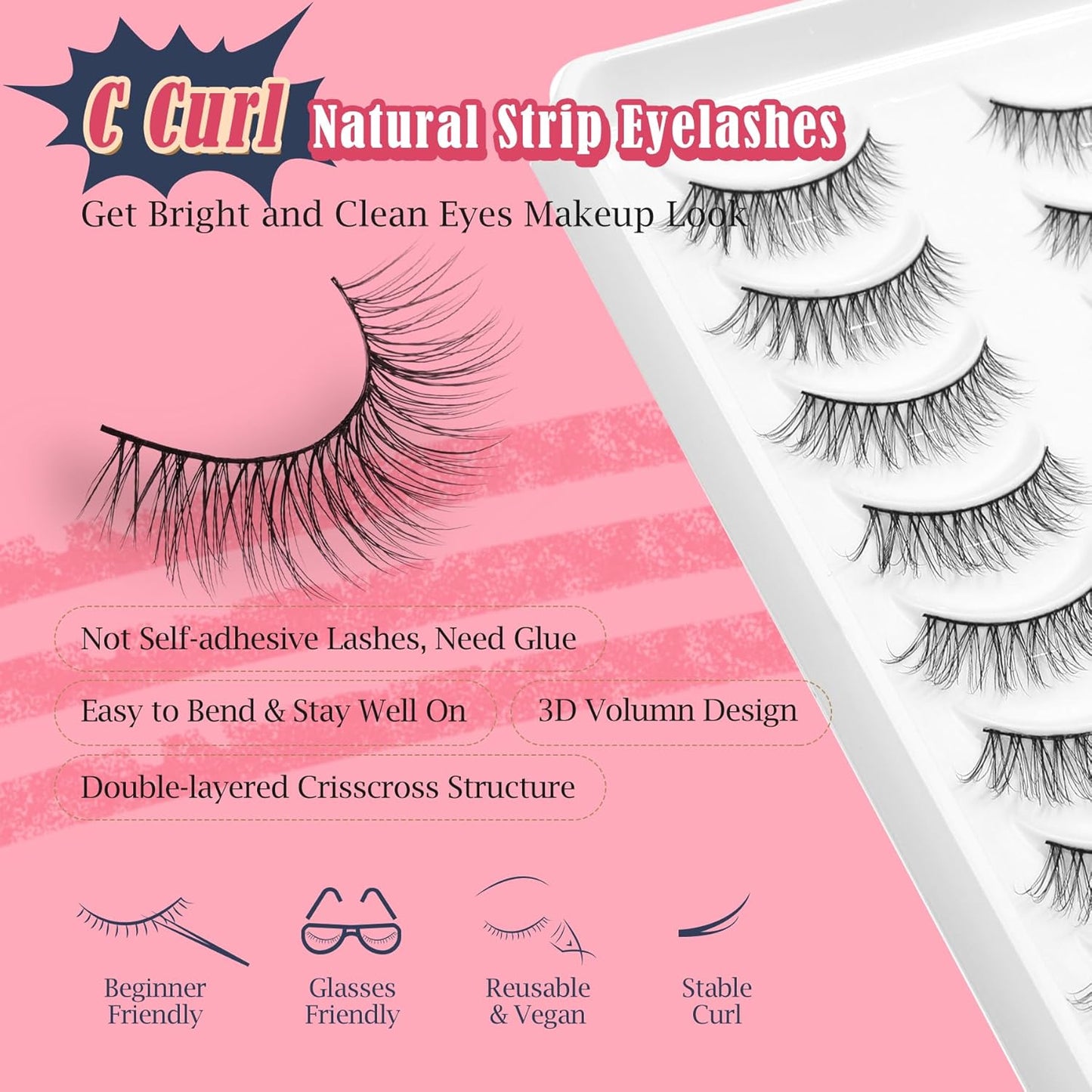 Eyelashes Natural Cat Eye Lashes False Eyelashes Wispy Lashes C Curl Flared Eye Lashes Pack Cat Eyelashes Soft Strip Lashes 12mm Lash Strips Siligli 10 Pair-FemmiqueWomen