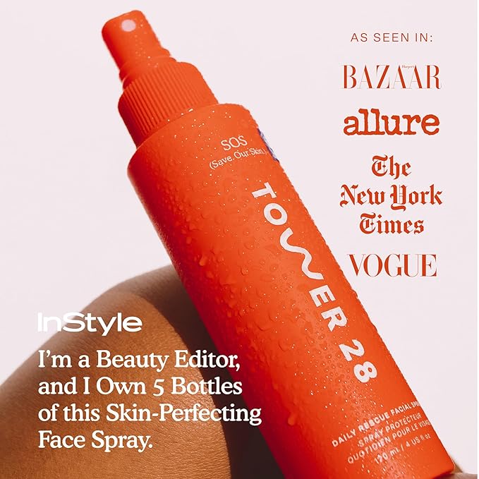 Tower 28 SOS Daily Rescue Facial Spray for Sensitive Skin, Hypochlorous Acid Spray Helps Reduce Redness and Breakouts, Full Size Toner for Face, 4 FL Oz-FemmiqueWomen