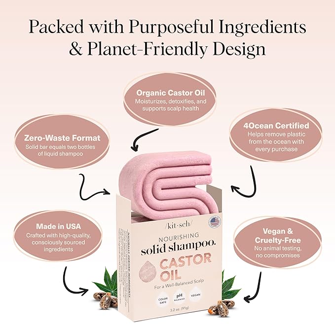 Kitsch Castor Oil Shampoo Bar Soap - Hydrating & Moisturizing Hair Care - Organic Castor Oil Solid Shampoo for Hair Growth & Scalp Nourishment - Silicone & Paraben-Free, Vegan, Made in USA - 3.2oz-FemmiqueWomen