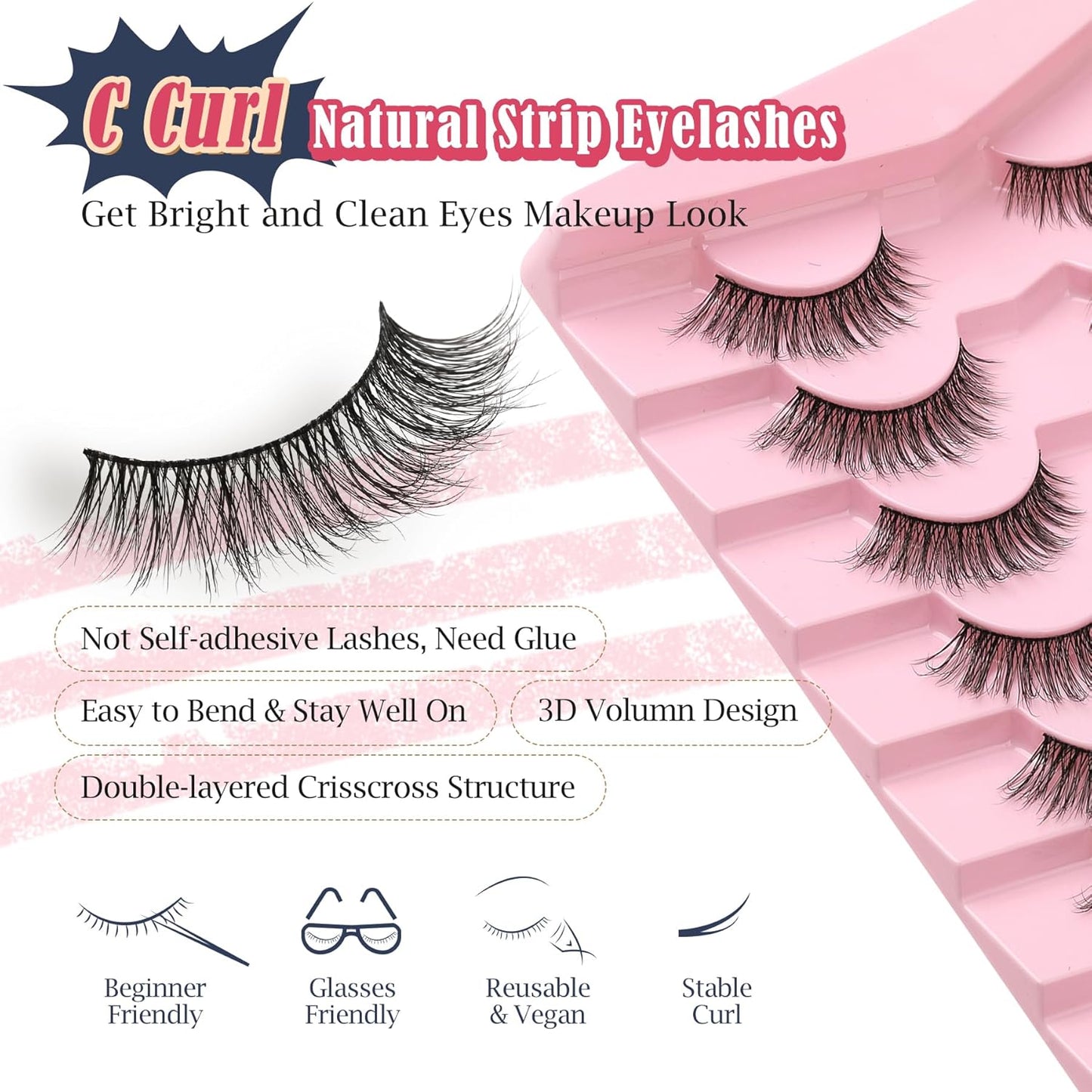 Eyelashes Natural Cat Eye Lashes 16mm Flase Eyelashes Flared Strip Lashes Fluffy False Lashes That Look Like Extensions C Curl Wispy Lashes Siligli Soft Lashes Pack 7 Pair-FemmiqueWomen