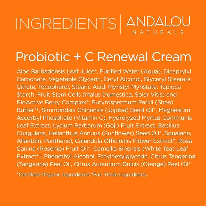 Andalou Naturals Probiotic + C Renewal Cream, Probiotic Plus C, Complexion Enhancing Face Moisturizer, Helps Promote Firmer Skin & More Even Skin Tone, Lightweight Hydrating Facial Moisturizer, 1.7 Oz-FemmiqueWomen