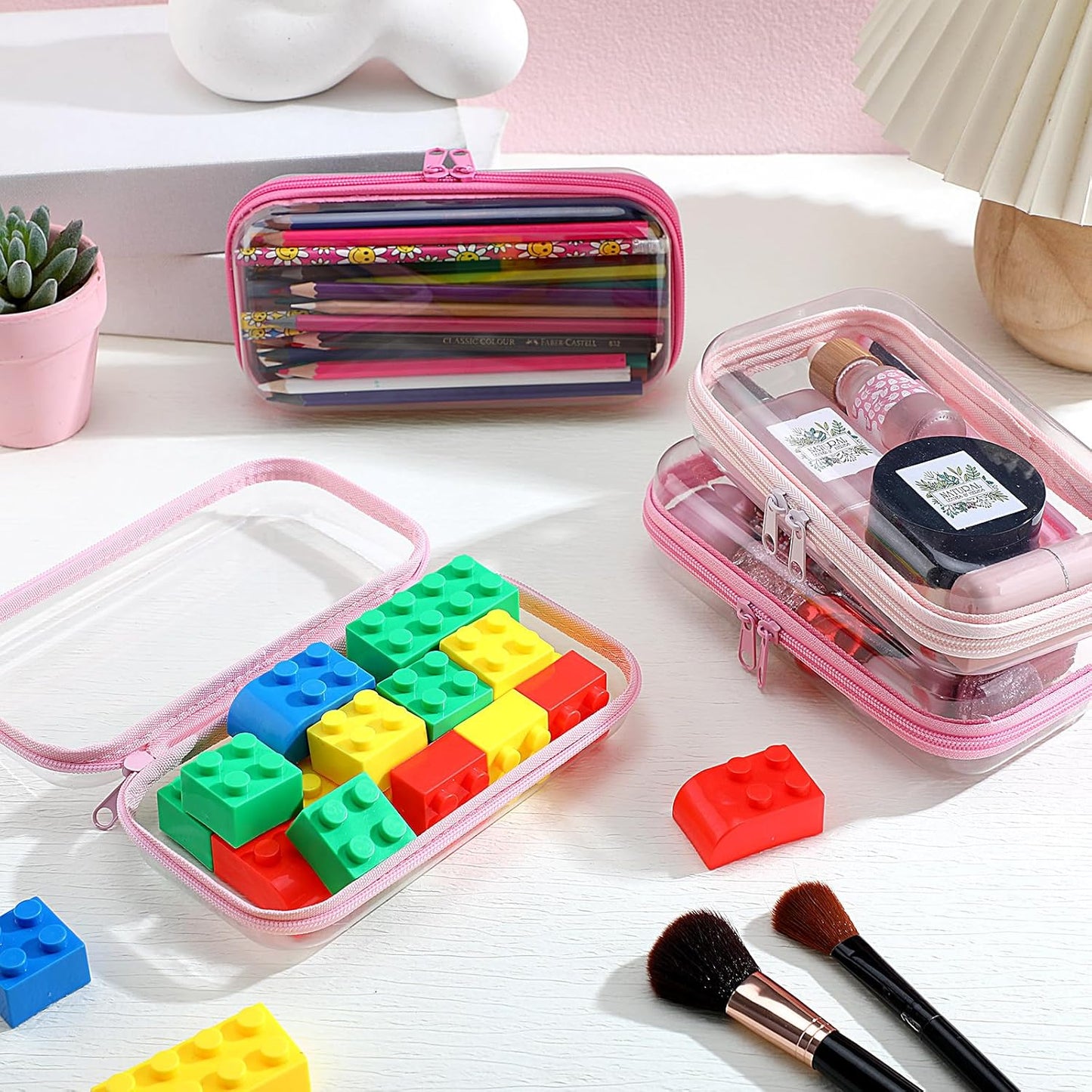 Hoolerry 4 Pcs Hard Clear Zipper Case Makeup Bags Plastic Pencil Pouch Transparent Storage Box Containers for Cosmetics, Snacks, Building Blocks, Puzzles(Pink,7.5 x 3.9 x 2 in)-FemmiqueWomen