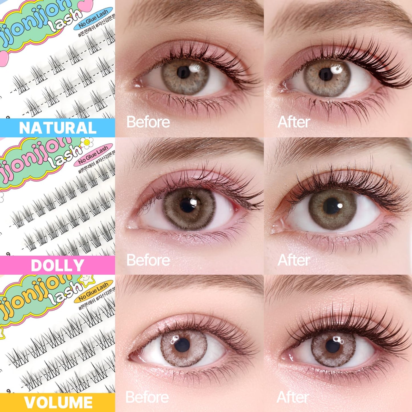 Korean Self Adhesive Lash Clusters Natural Look No Glue Press On Pre Bond Lash Clusters Fluffy Self Adhesive False Eyelashes No Glue Needed Reusable Wispy Eyelash Extensions-FemmiqueWomen