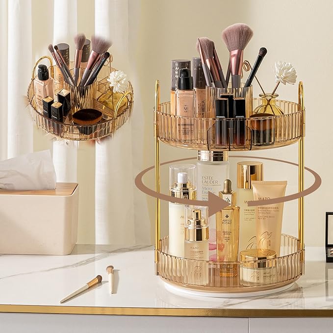 Rotating Makeup Organizer for Vanity, High-Capacity Skincare Clear Make Up Storage Perfume Organizers Cosmetic Dresser Organizer Countertop 360 Spinning (Gold, New-2 Tier)-FemmiqueWomen