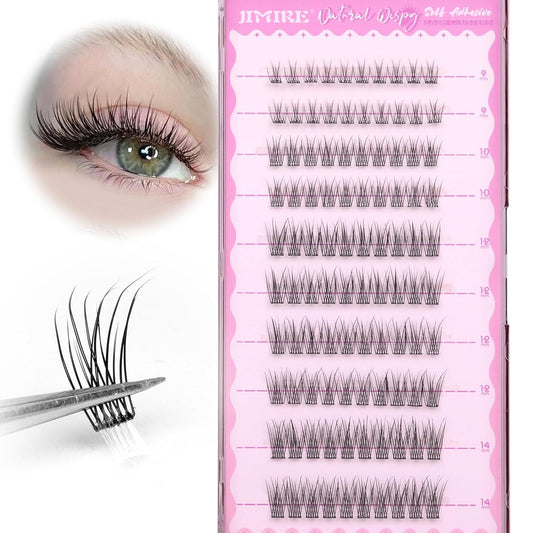 JIMIRE Self Adhesive Eyelashes Natural Look 9-14MM Wispy Pre Glued Lash Clusters No Glue Needed Press on Lashes Clusters Reusable Self Adhesive Eyelash Clusters Easy to Apply-FemmiqueWomen