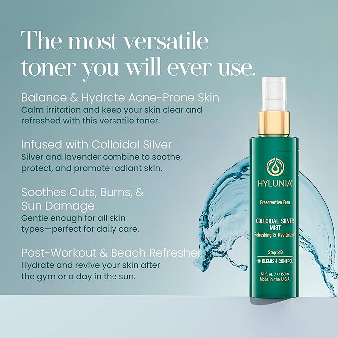 Hylunia Colloidal Silver Mist Toner 5.1 fl. oz. – Hydrating Versatile Toner for Acne-Prone Inflamed Skin | Infused with Colloidal Silver & Lavender for Glowing Skin Cuts & Burns, Body-Refresher-FemmiqueWomen