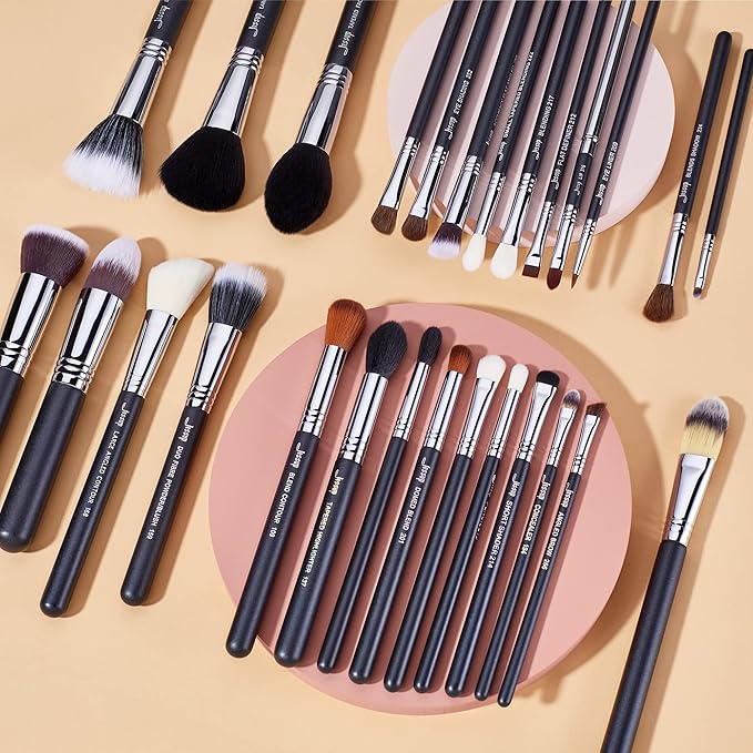 Jessup Makeup Brushes Set Professional 27 pcs Brush Makeup Premium Synthetic Foundation Contour Powder Blush Highlighter Eyeshadow Concealer Brow Face Make Up Brushes Tools Black/Silver T133-FemmiqueWomen