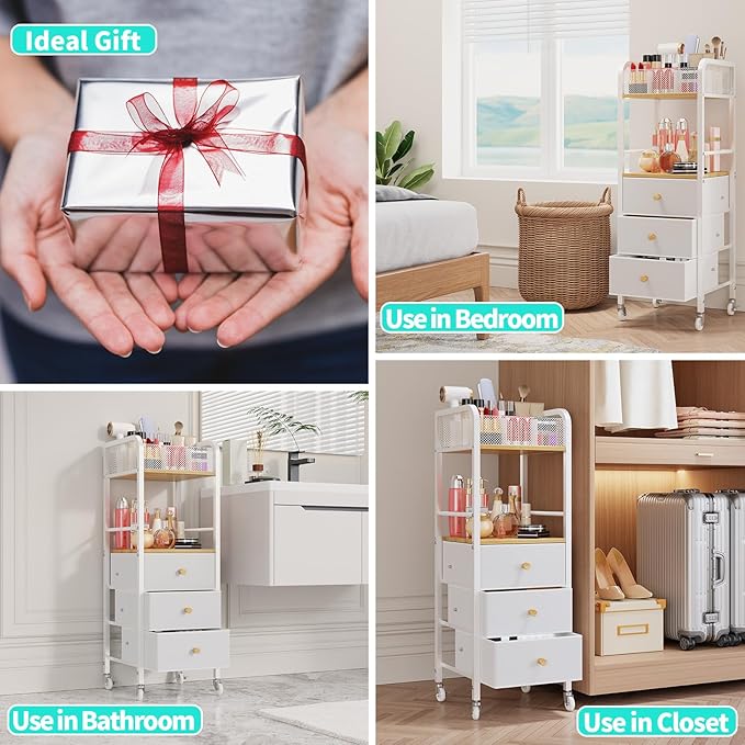 HapiRm Rolling Makeup Cart Organizer - Floor Skincare Make Up Storage with 3 Drawers, Vanity Organizer Cosmetic Display Cases Holder for Skin Care Perfume Nail Polish Brush Hair Tool-FemmiqueWomen