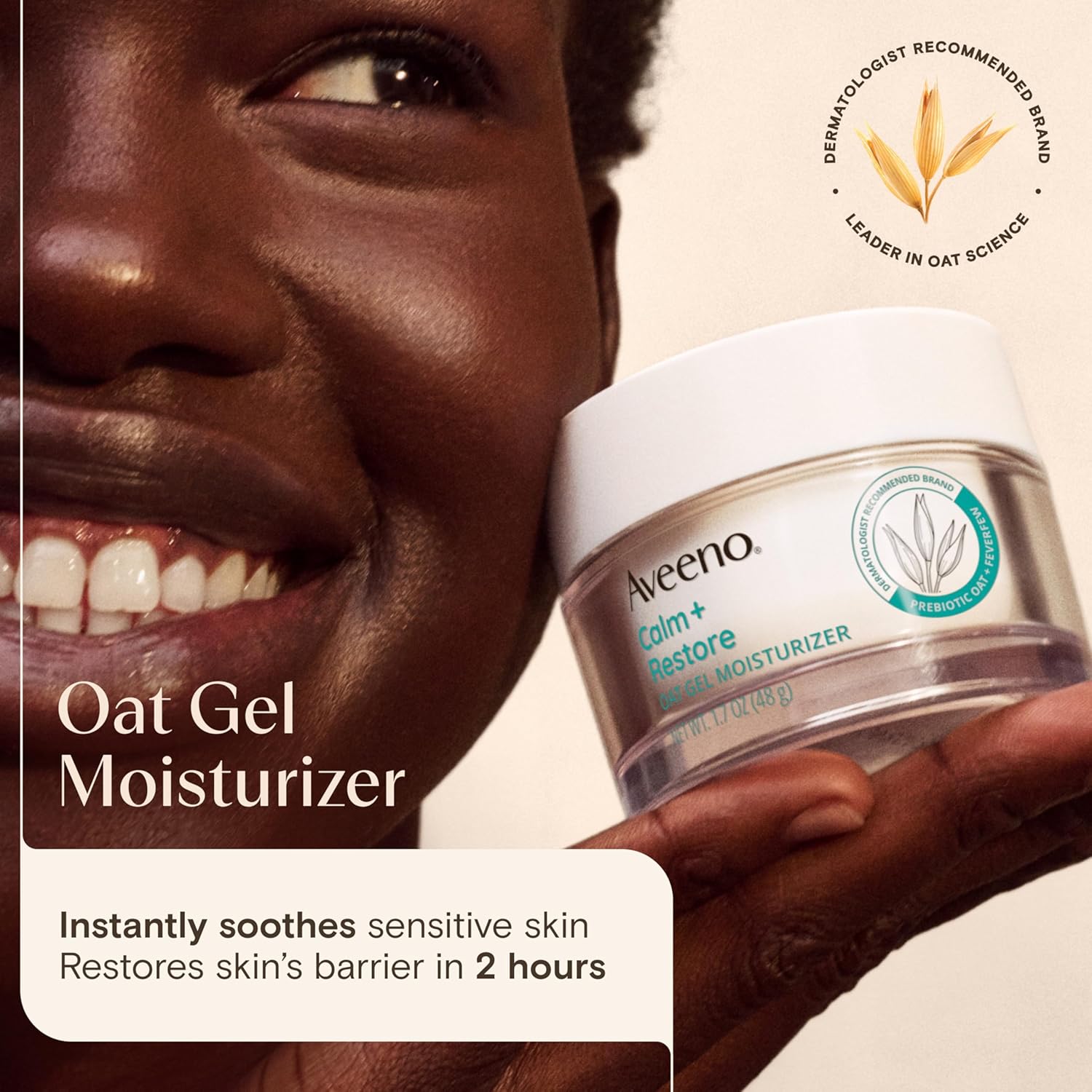 Aveeno Calm + Restore Oat Gel Facial Moisturizer for Sensitive Skin, Fast-Absorbing, Soothing Lightweight Gel Cream with Prebiotic Oat & Feverfew, Fragrance-Free & Hypoallergenic, 1.7 oz-FemmiqueWomen