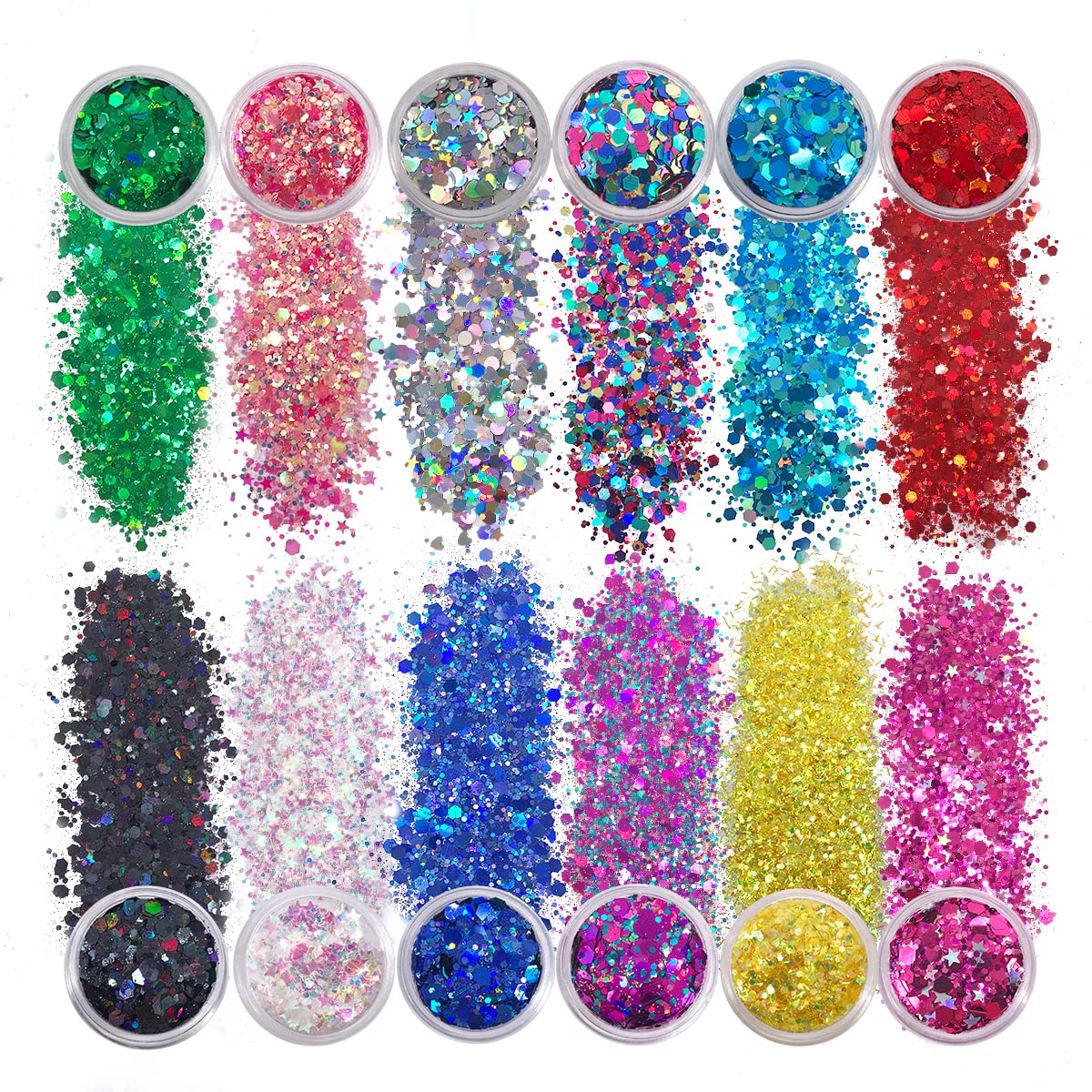 12 Pack - Multi-Colored Face & Body Glitter - Glue Included - Rainbow Chunky Glitter - Uses Include: Festival Rave Makeup Face Body Nails Resin Arts & Crafts, Resin, Tumblers, Bath Bombs-FemmiqueWomen