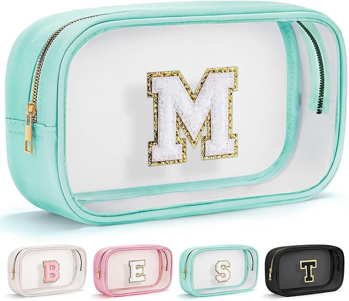 YOOLIFE Initial Make Up Bag Travel Toiletry Bag, Clear Makeup Bags Preppy Cosmetic Bags Organizer Travel Essentials Gifts for Women Teen Girlfriend Teacher Mom Birthday Girl Gift Makeup Case Blue M-FemmiqueWomen