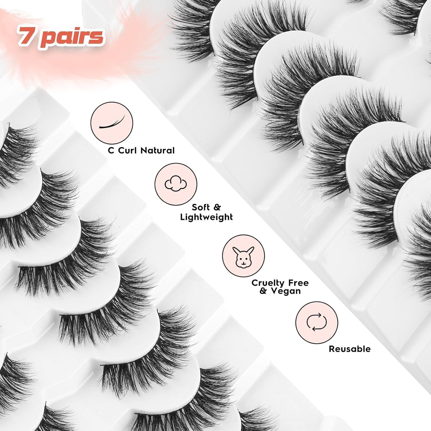 Wispy Lashes False Eyelashes Natural 16mm Fluffy Eyelashes Strip Lashes Pack 3D Volume Lashes 0.1MM Extra Thin Cotton Band Fake Eyelashes Soft Full Lashes C Curl Lashes Pack Siligli 7 Pair-FemmiqueWomen