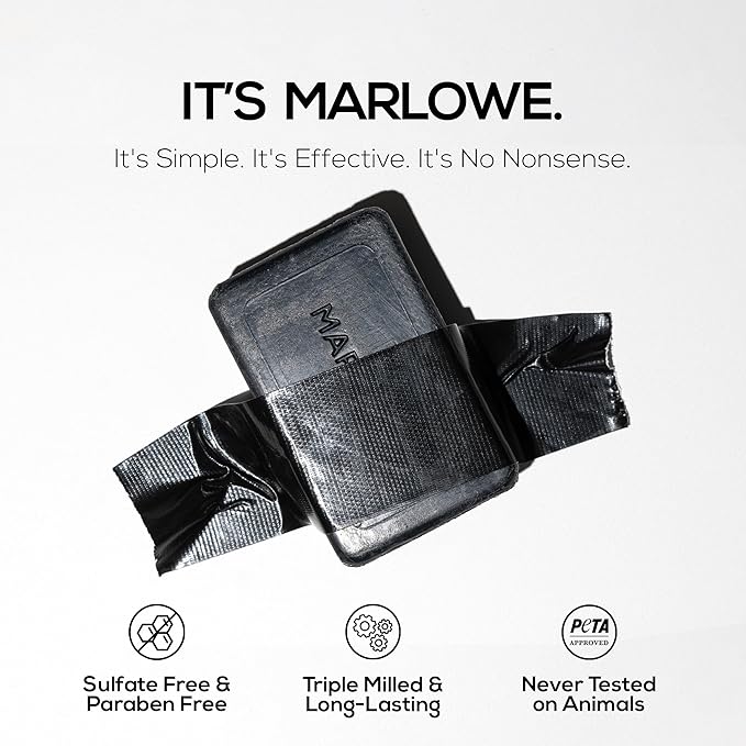MARLOWE. No. 106 Charcoal Soap 7 oz (6 Bars) Body Bar Soap for Men, Cleansing, Purifying & Hydrating with Natural Extracts, Shea Butter, Olive Oil & Green Tea Extracts, Fresh Woodsy Scent-FemmiqueWomen