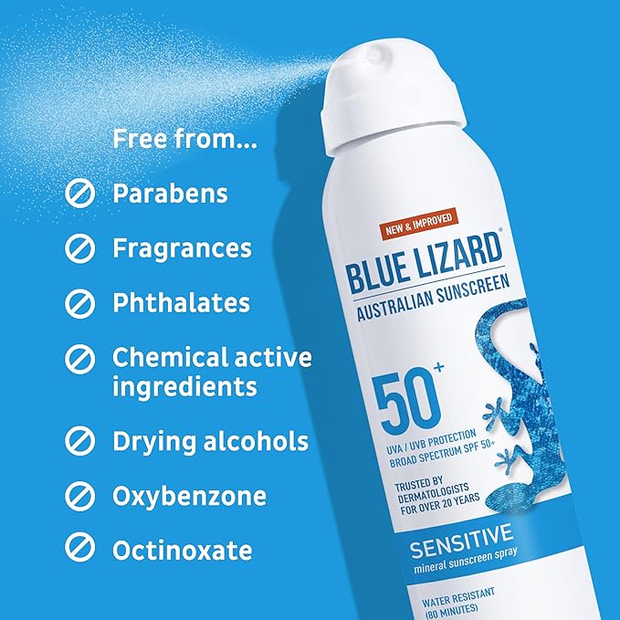Blue Lizard Sensitive Mineral Sunscreen Spray SPF 50+, Dermatologist-Recommended Brand, Broad-Spectrum UVA/UVB Protection, Water-Resistant, Zinc Oxide Formula, 5 fl oz (Pack of 2)-FemmiqueWomen