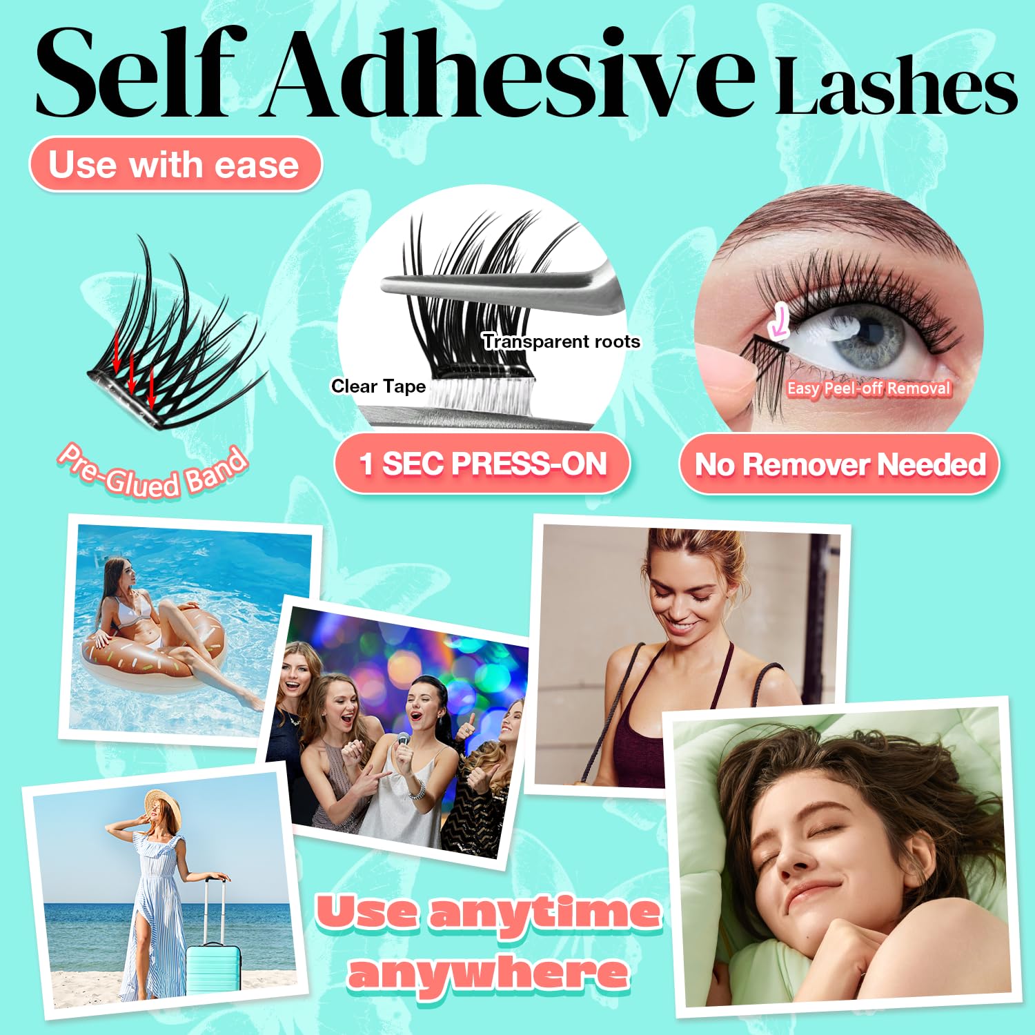 No Glue Needed Lashes, Self Adhesive Eyelashes, DIY Lash Cluster Eyelash Extensions Kit 10‑18mm,120pcs Fluffy D Curl Soft Natural Lashes with Tweezers–Fake Cat Eye Wispy Individual Clusters(NGDY101)-FemmiqueWomen