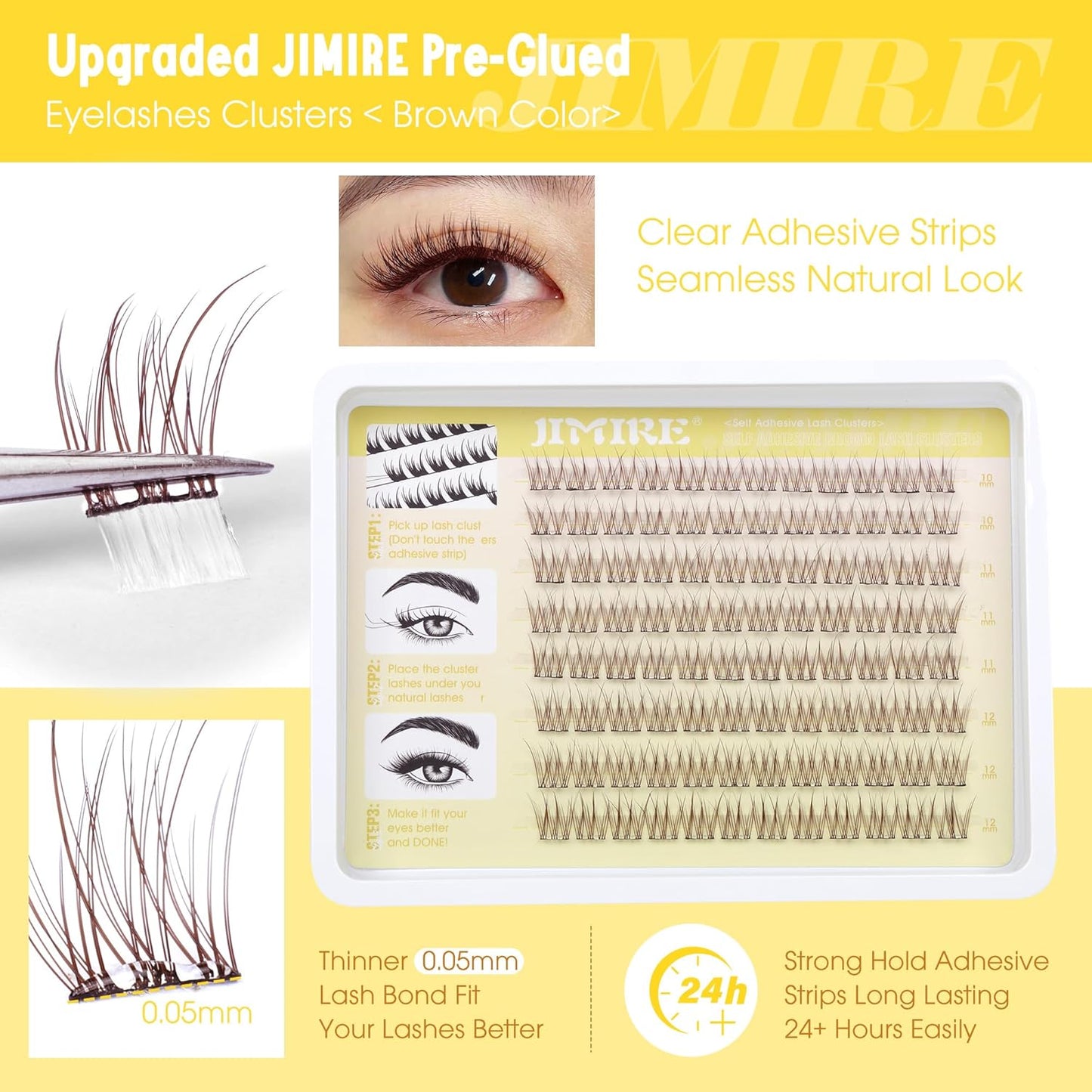 JIMIRE Brown Self-Adhesive Eyelashes - Press on Lash Clusters, Natural Look, Pre-Glued, Wispy 10-12MM Individual Lashes, Clear Band, Reusable Cluster Eyelash Extension-FemmiqueWomen