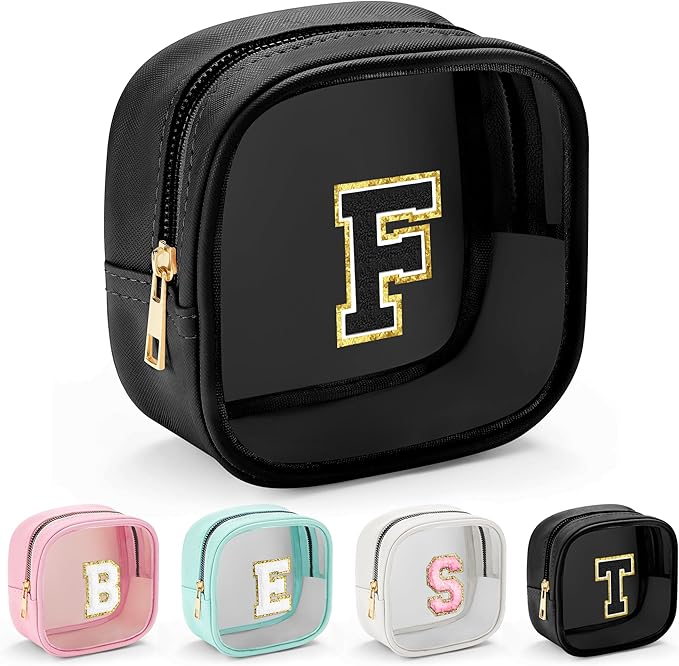 YOOLIFE Initial Makeup Bag Travel Toiletry Bag, Clear Makeup Bag Car Accessories For Women Clear Makeup Bags With Zipper Girlfriend Teacher 13 Year Old Girl Gifts Daughter Girl Gifts Mini Black F-FemmiqueWomen