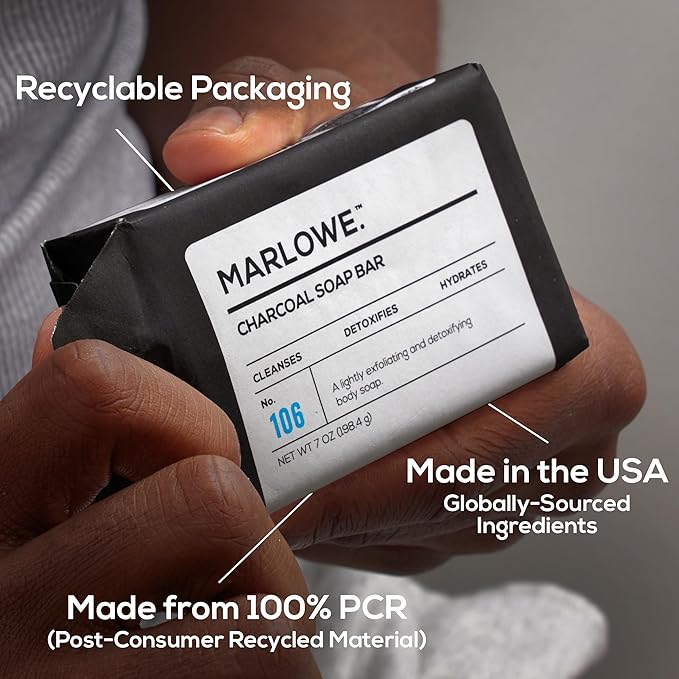 MARLOWE. No. 106 Charcoal Soap 7 oz (12 Bars) Body Bar Soap for Men, Cleansing, Purifying & Hydrating with Natural Extracts, Shea Butter, Olive Oil & Green Tea Extracts, Fresh Woodsy Scent-FemmiqueWomen