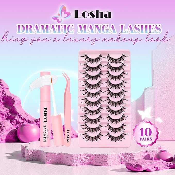 Losha Lashes Spiky Manga Lashes Wet Look Dramatic False Eyelashes 10 Pairs D Curl Cat Eye Lashes Kit with Lash Glue and Lash Tweezers Cosplay Anime Fake Eyelashes (Daring)-FemmiqueWomen