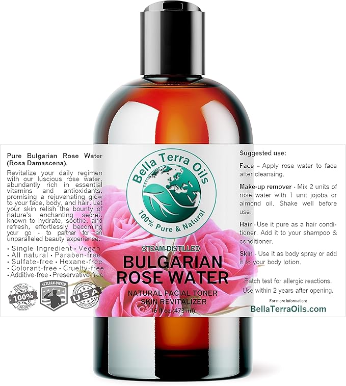 Bella Terra Oils - Rosewater Spray 16 oz - Embrace The Timeless Beauty of Pure Organic Rose Water, Ideal for Skin & Hair, Immerse in Natural Rose Fragrance-FemmiqueWomen