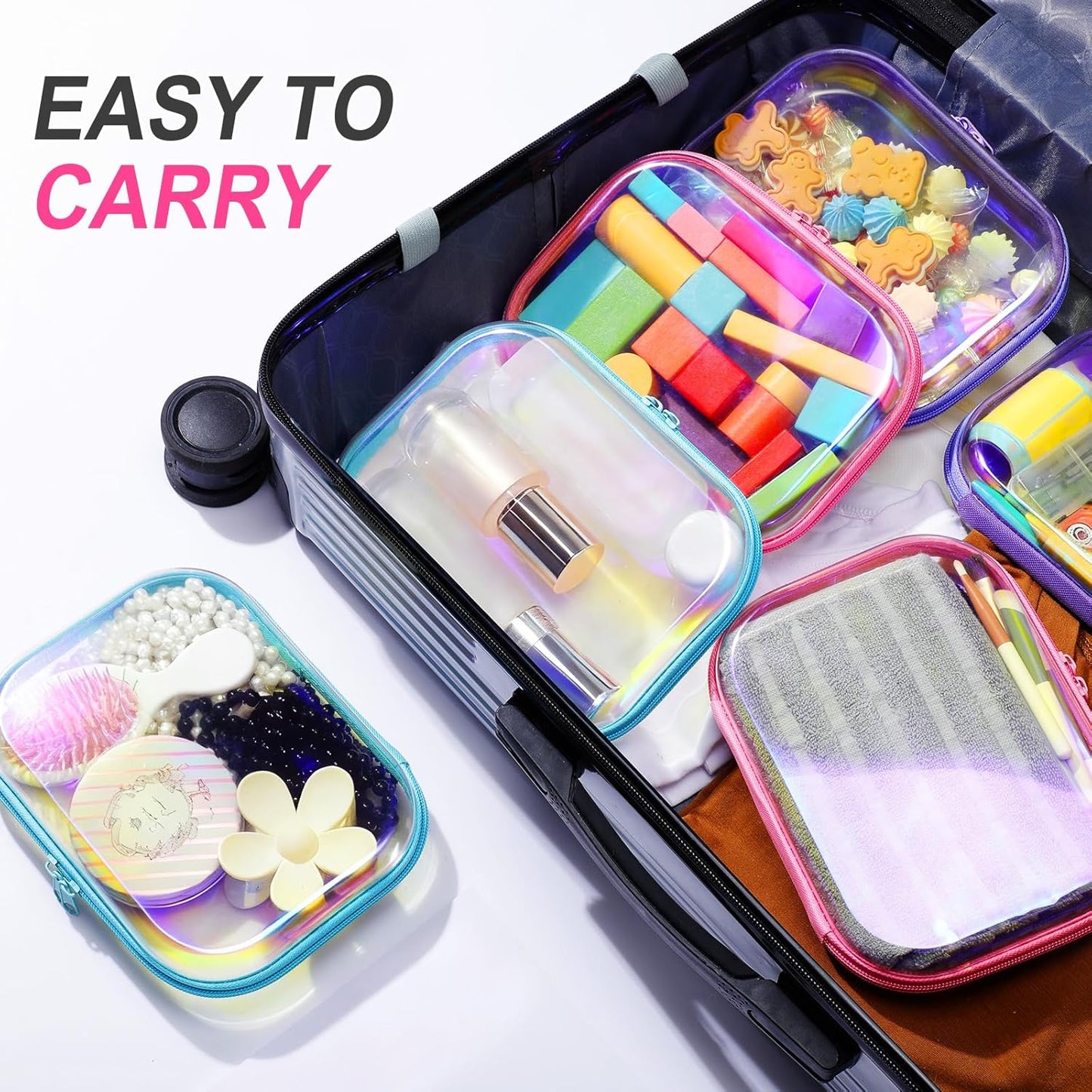 Sanwuta 6 Pcs Clear Hard Zipper Case Pencil Pouches Hard Plastic Zipper Pouches Makeup Bag Transparent Cases for Snacks Plastic Storage Organizer Box for Travel(Holographic,7.87 x 5.9 x 2 Inch)-FemmiqueWomen