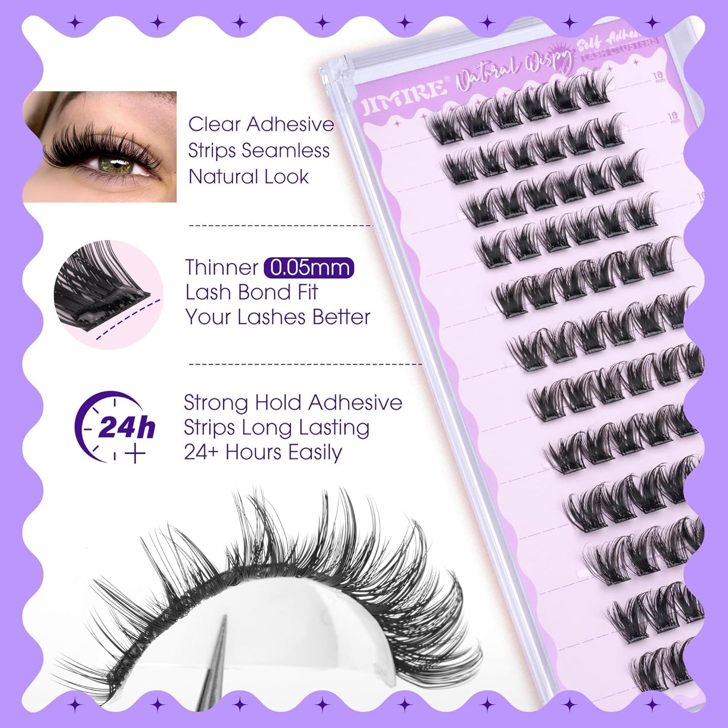 JIMIRE Self Adhesive Eyelashes Manga Lash Clusters Natural Look 10-14MM Wispy Pre Glued Lashes Clusters No Glue Needed D-Curly Natural Cluster Lashes Reusable Invisible Band Press on Lashes-FemmiqueWomen
